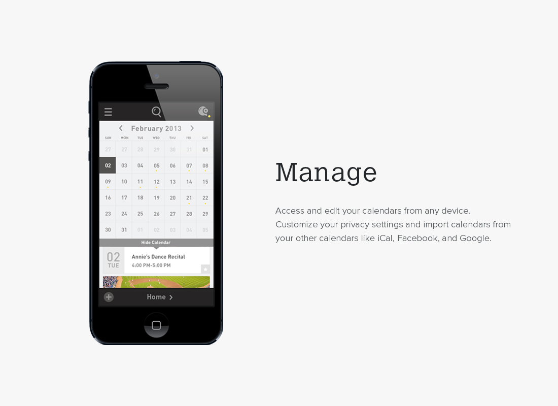 Mobile UI mockup for Calhoot app - Manage features